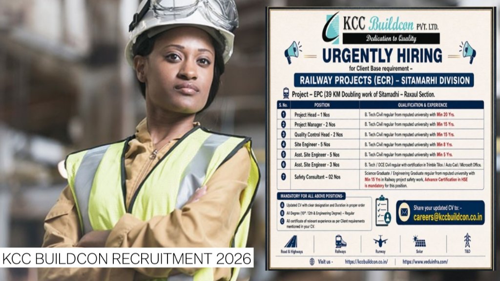 KCC Buildcon Recruitment 2026: Apply for Railway Project Jobs in Sitamarhi–Raxaul (ECR)