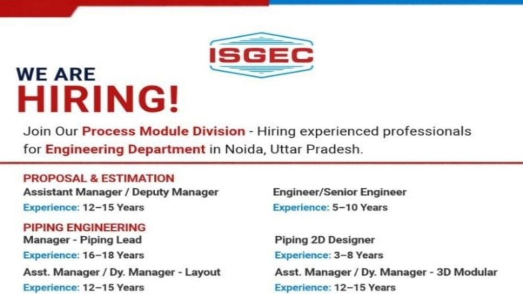 ISGEC Recruitment 2026: Engineering Jobs in Noida for Piping, Structural, Mechanical & Electrical Professionals