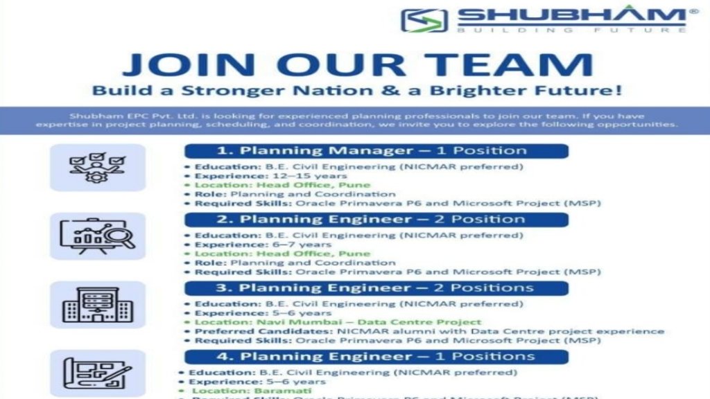 Shubham EPC Recruitment 2026: Planning Manager & Planning Engineer Jobs in Pune, Navi Mumbai and Baramati