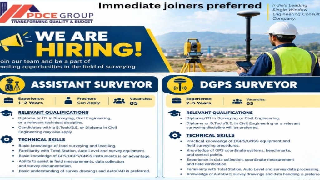 PDCE Group Recruitment 2026: 10 Assistant Surveyor & DGPS Surveyor Jobs in Tamil Nadu and Karnataka | Freshers Can Apply